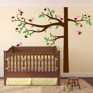 Swirly Tree Wall Decal with Birds Nursery Decal Corner Tree Kids Branches Leaves and Singing Whimsical Birds Crib Girls and Boys #1329