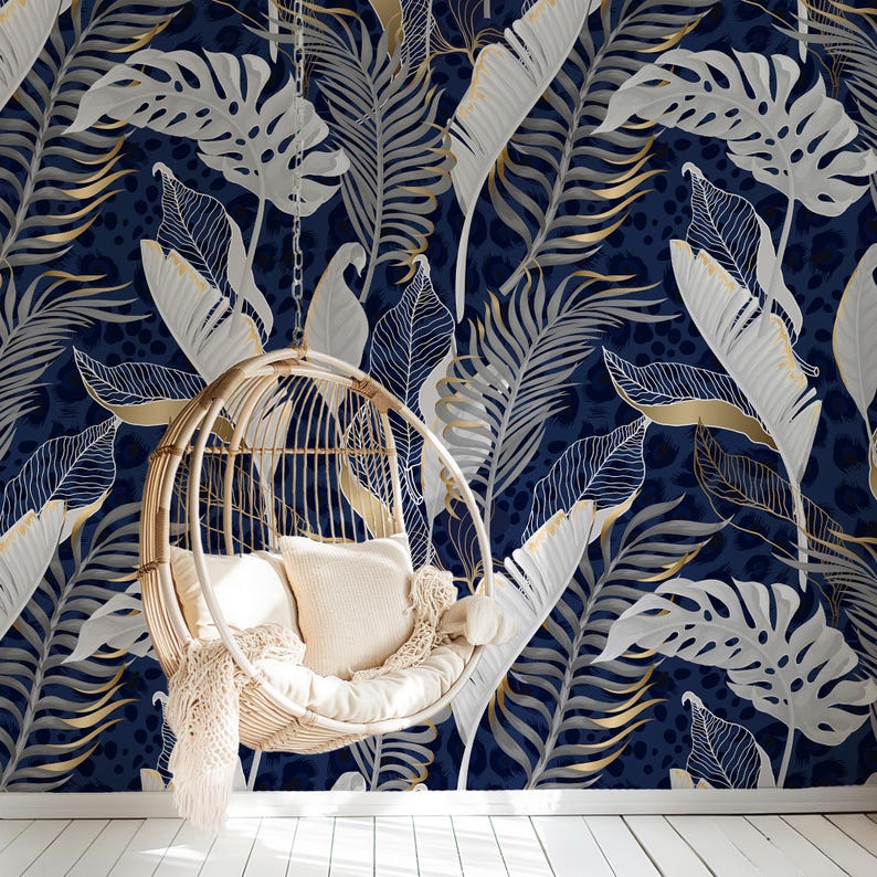 Buy White Tropical Leaves Imitation Gold on Blue Leopard Background