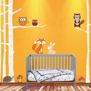 Nursery Birch Tree Wall Decal Woodland Forest with Animals Fox Wolf Owls Beaver Mushrooms Scene Vinyl Sticker Removable (4 trees) 1368