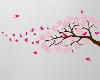 Tree Branch Wall Decal Butterfly Birds Vinyl Sticker Nursery Leaves Kids Room Decor Art Whimsical 44" Wide X 28" High Branch #1371