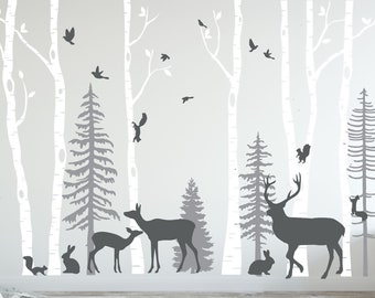 Nursery Birch Tree Pine Wall Decal Forest Woodland Animals Stickers Deer Birds Rabbit Squirrels Custom Colors Size (11 trees included) #3111