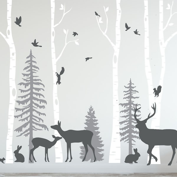 Kwekerij Berkenboom Pine Wall Decal Forest Woodland Animals Stickers Herten vogels Konijn Eekhoorns Aangepaste kleuren Grootte (11 bomen inbegrepen) #3111