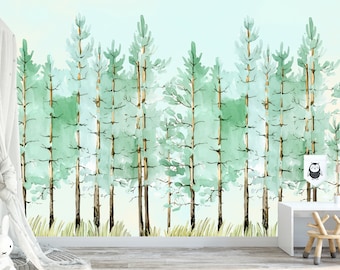 Watercolor Pine Forest Trees Peel and Stick Wallpaper Nursery Décor Fabric Woodland Evergreen Cedar Decal Removable Custom Sizes Mural #3074