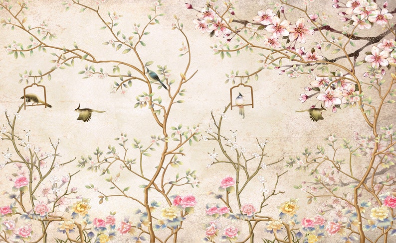 Chinoiserie Peel and Stick Wallpaper Mural Turquoise Vintage Cherry Blossom Tree Décor Asian Wall Art Custom Sizes Mural 3136 Cream