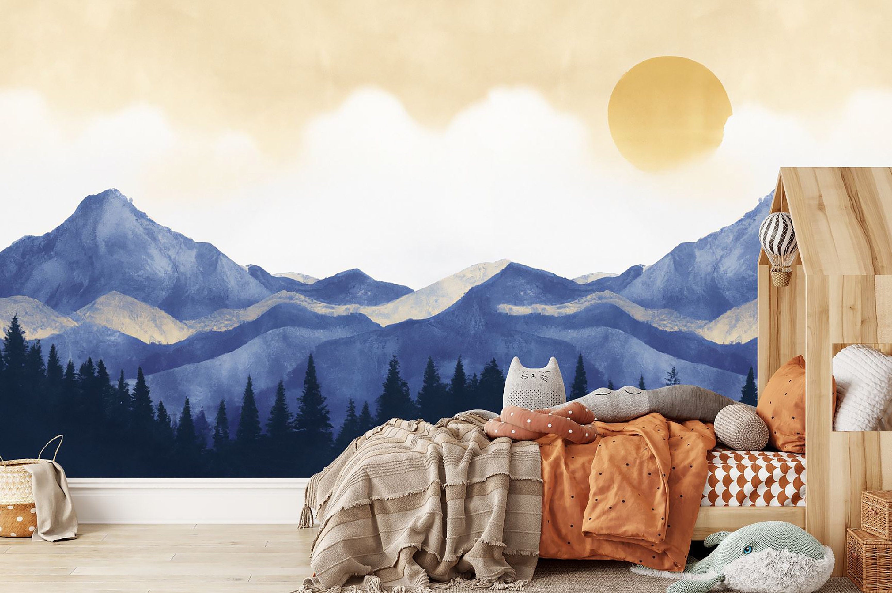 Mountains Forest Peel and Stick Wallpaper Mural Pine Trees Golden Sun Clouds Décor Nursery Watercolor Wall Art - Custom Sizes Mural #3245