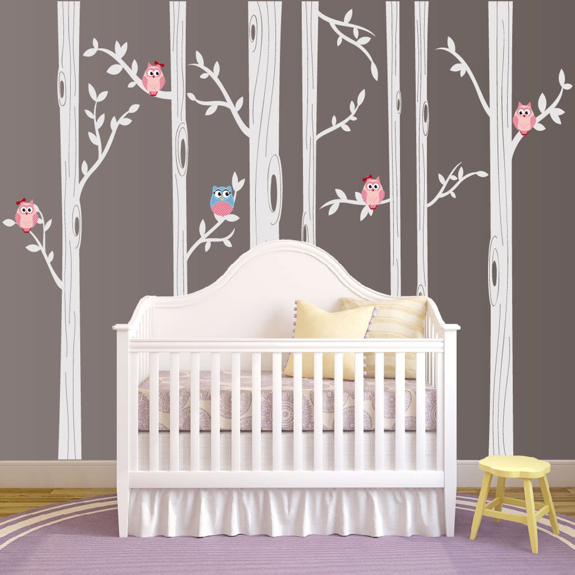Birch Tree Wall Decal, Nursery Birch Tree Wall Decal Set With Owl Birds ...