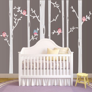 Birch Tree Wall Decal, Nursery Birch Tree Wall Decal Set With Owl Birds Forest Vinyl Sticker, Birch Tree Decal Baby Whimsical Owls #1321