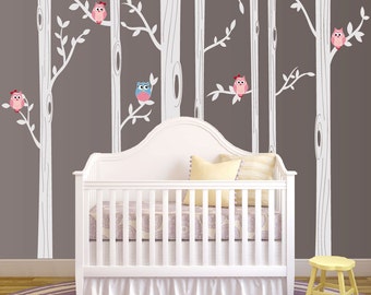 Birch Tree Wall Decal, Nursery Birch Tree Wall Decal Set With Owl Birds Forest Vinyl Sticker, Birch Tree Decal Baby Whimsical Owls #1321