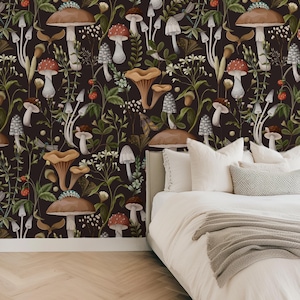 Autumn Mushrooms Peel and Stick Wallpaper Tropical Forest Wallpaper, Custom sizes Traditional Wallpaper Wall Art Decor Wallcovering #3353
