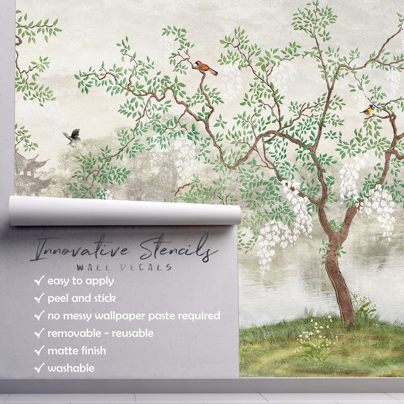 Japanese Peel and Stick Wallpaper Mural Tree Lake Chinoiserie Etsy