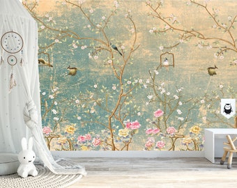 Chinoiserie Peel and Stick Wallpaper Mural Turquoise Vintage Cherry Blossom Tree Décor Asian Wall Art - Custom Sizes Mural #3136