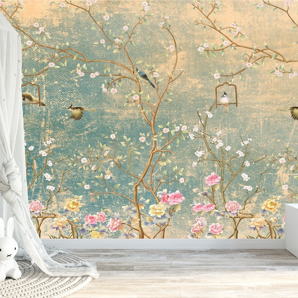 Mural de papel pintado estilo chinoiserie, autoadhesivo, con diseño de cerezos en flor turquesa vintage, arte asiático para pared - Mural de tamaños personalizados n.° 3136