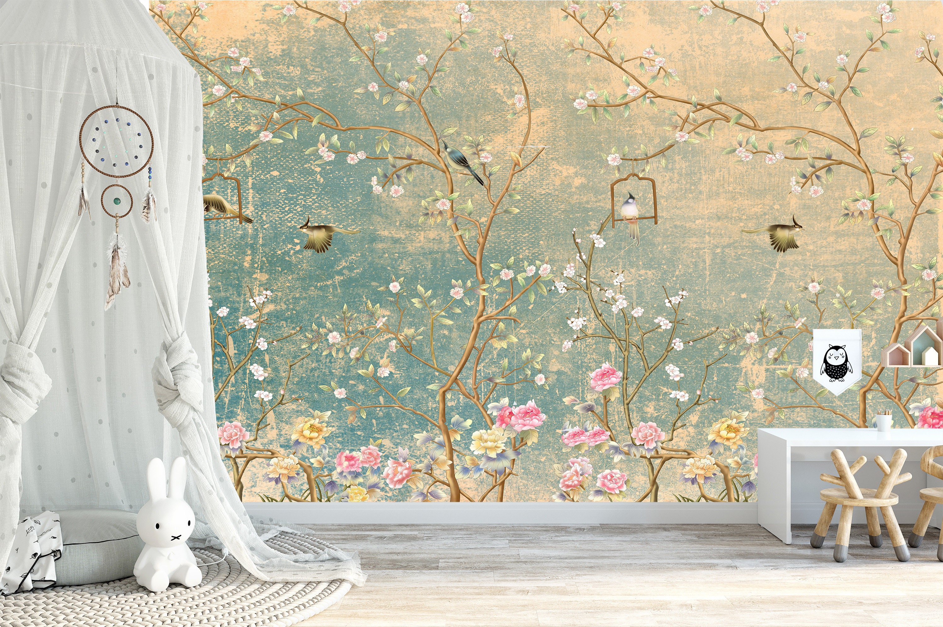 Chinoiserie Peel and Stick Wallpaper Mural Turquoise Vintage Cherry Blossom Tree Décor Asian Wall Art - Custom Sizes Mural #3136