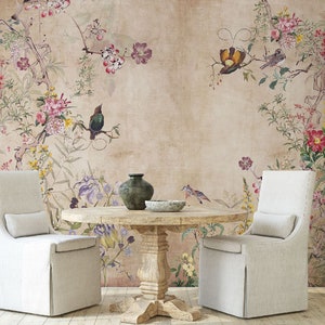 Chinoiserie Peel and Stick Wallpaper Vintage Mural Turquoise Flower Blossom Tree Décor Bird Wall Art - Custom Sizes Mural #3217