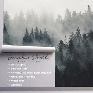 Misty Pine Tree Forest Landscape Peel and Stick Wallpaper Self Adhesive ...