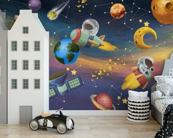 Peel and Stick Watercolor Space Astronaut Planets Solar System Rockets Sun Moon Stars Wallpaper Nursey Wall Decor Kids Wall Mural #3310