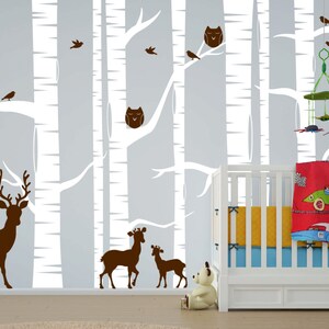 Nursery Birch Tree Wall Decal Forest With Owl Birds and Deer Vinyl ...
