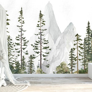 Carta da parati adesiva con pini, montagne, alberi, foresta, acquerello, decorazione per cameretta dei bambini, tessuto, decalcomania, bosco - Dimensioni e colori personalizzati, murale n. 3137