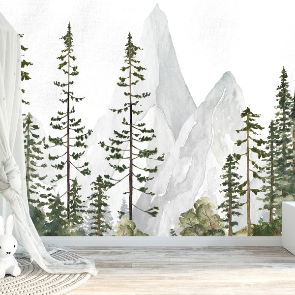 Watercolor Pine Mountains Tree Forest Peel and Stick Wallpaper Nursery Décor Fabric Woodland Decal - Custom Sizes and Colors Mural #3137