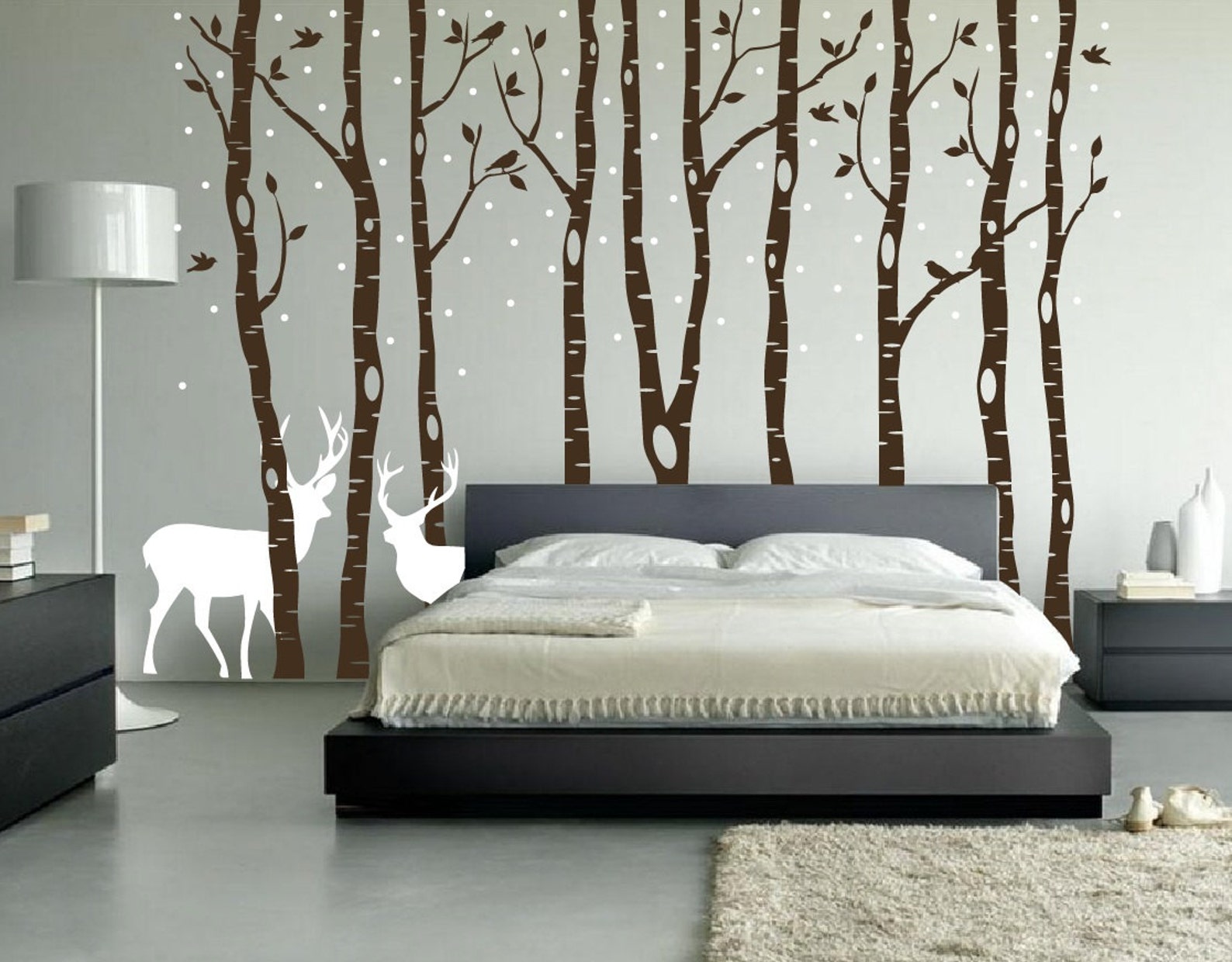 Birch Tree Wall Decal Forest With Snow Birds and Deer Vinyl Sticker ...