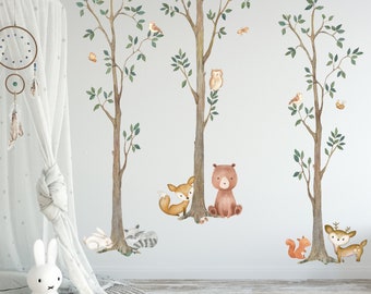 Woodland Watercolor Wall Tree Decals Fabric Animal Creatures - Bear, Fox, Raccoon, Rabbit, Squirrel, Owl Nursery Décor Stickers #3115