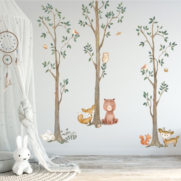 Wald-Aquarell-Wand-Baum-Aufkleber, Stoff-Tierwesen – Bär, Fuchs, Waschbär, Kaninchen, Eichhörnchen, Eule, Kinderzimmer-Dekoraufkleber #3115