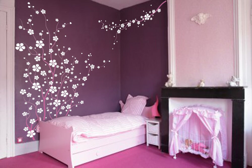 Large Wall Tree Nursery Decal Japanese Magnolia Cherry Blossom Flowers Branch 1121 (8 feet tall)