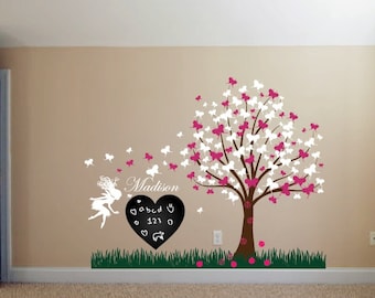 Wall Decal Christmas Girl Room Gift Set with Butterfly Blossom Tree, Fairy, Ladybugs, Heart Chalkboard, Grass and Custom Name Sticker 1176