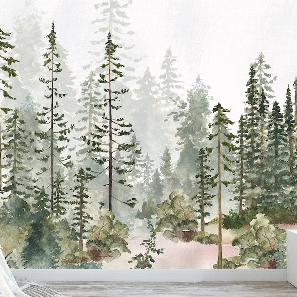 Papel tapiz autoadhesivo con diseño de bosque de pinos en acuarela, para decoración infantil, de tela, con diseño de bosque - Tamaños y colores personalizados, n.° 3134