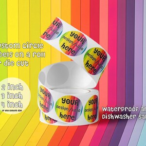 May include: Roll of white circular labels with a rainbow design. The labels are 2, 3, and 4 inches in diameter. The text on the labels says "Your design/logo here". The labels are waterproof and dishwasher safe.