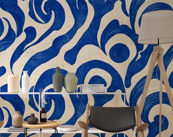 Blue Swirl Wave Wallpaper Abstract Beige Peel & Stick Wall Mural 4092