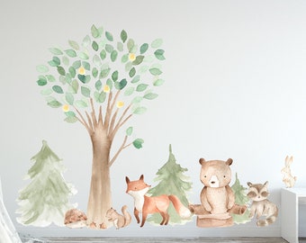 Woodland Watercolor Wall Decal Oak Pine Tree Animal Creatures - Bear, Fox, Raccoon, Rabbit, Squirrel, Porcupine Fabric Nursery Decals #3061