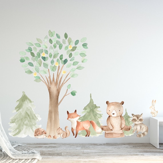 Woodland Watercolor Wall Decal Oak Pine Tree Animal Creatures