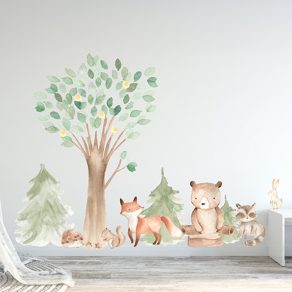 Woodland Watercolor Wall Decal Oak Pine Tree Animal Creatures - Bear, Fox, Raccoon, Rabbit, Squirrel, Porcupine Fabric Nursery Decals #3061