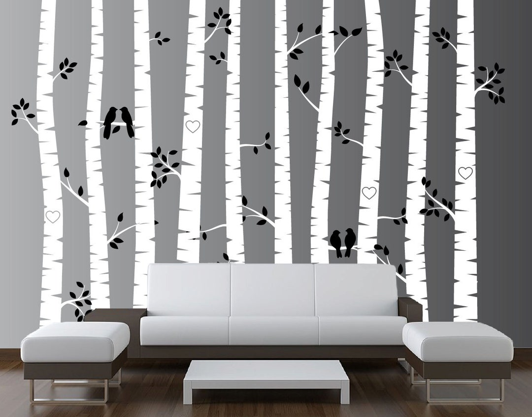 Nursery Birch Tree Wall Decal Forest With Birds and Leafs Vinyl Sticker ...