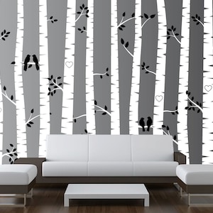 Nursery Birch Tree Wall Decal Forest with Birds and Leafs Vinyl Sticker Removable (10 trees) 1272