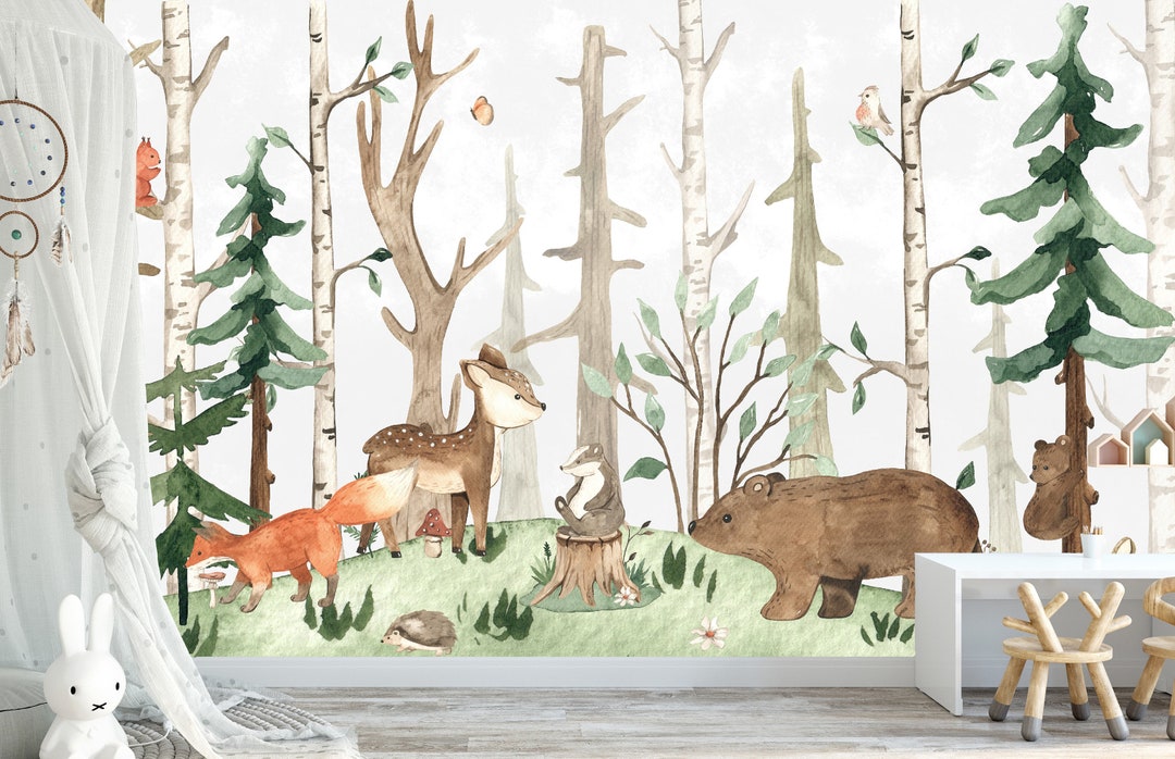 Watercolor Pine Tree Forest Peel and Stick Wallpaper, Nursery Wall ...