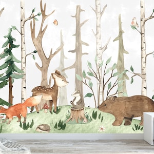 Watercolor Pine Tree Forest Peel and Stick Wallpaper, Nursery Wall Décor Fabric Woodland Animals - Custom Sizes Mural #3330