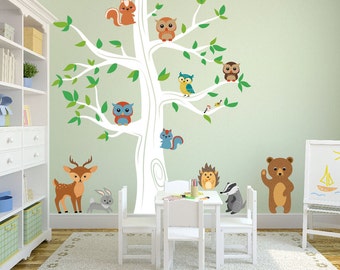 Oak Tree Wall Kids Decal Forest with Bear Deer Rabbit Porcupine Birds Owls Squirrels and Badger Sticker Removable Sticker #1337