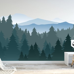 Carta da parati adesiva per la cameretta dei bambini, motivo foresta di pini, stacca e attacca, in tessuto, dimensioni e colori personalizzati, murale n. 3256