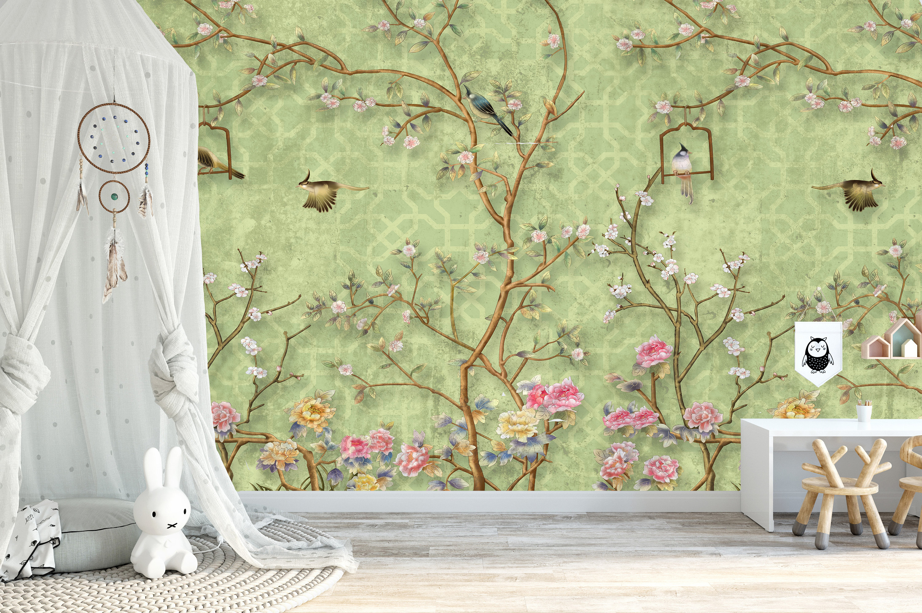 Chinoiserie Peel and Stick Wallpaper Mural Cream Soft Pink Etsy