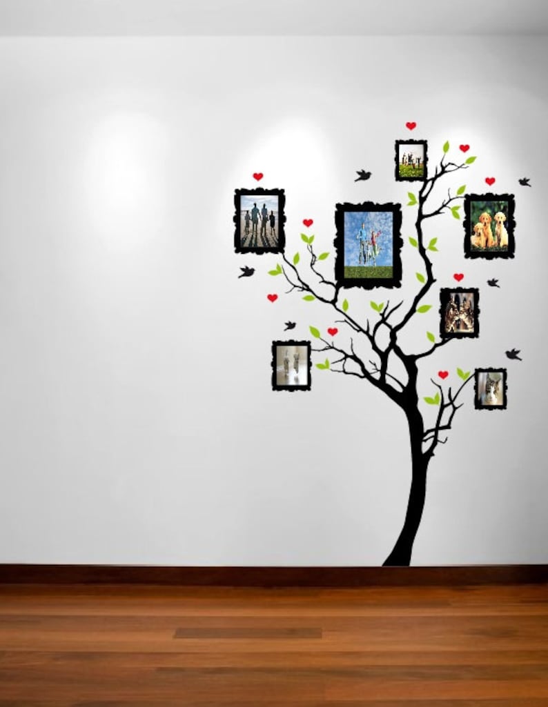 Large Wall Family Picture Frame Tree Decal with Hearts, Birds and Leaves Nursery 1163 5 feet tall image 3