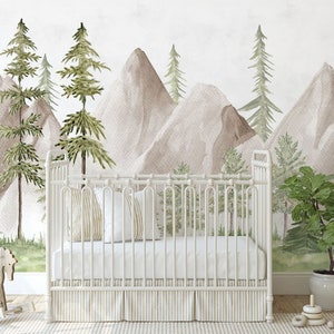 Watercolor Pine Tree Forest Mountains Peel and Stick Wallpaper Self Adhesive Nursery Décor Fabric Woodland Decal - Custom Sizes Mural #3200