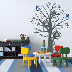 Chambre de bébé maison dans l’arbre bouleau sticker mural avec hiboux et Birdhouse vinyle autocollant amovible #1275
