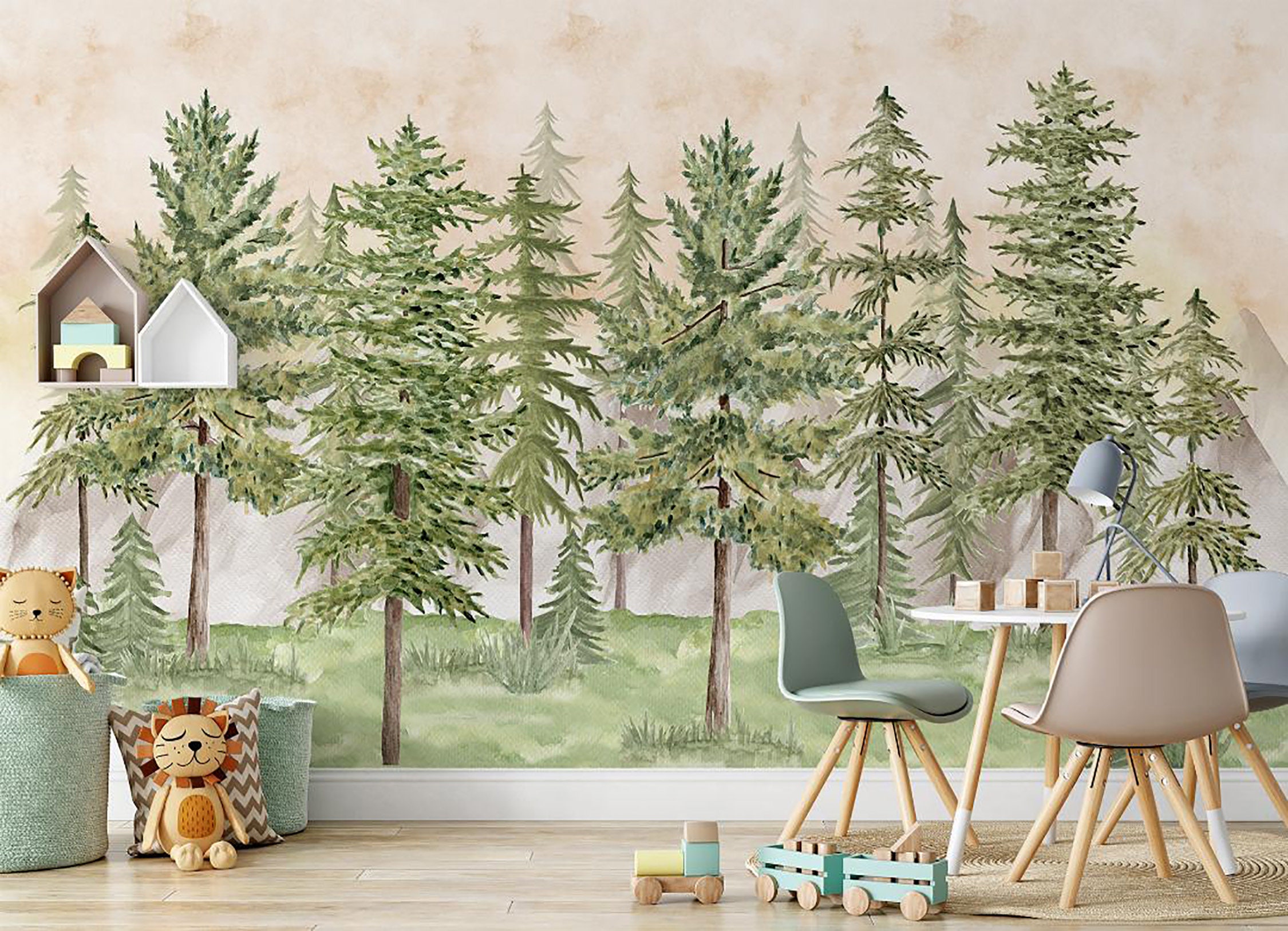 Watercolor Pine Tree Forest Peel and Stick Wallpaper Mountains Nursery ...