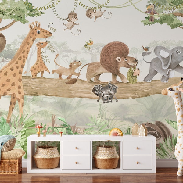 Watercolor Jungle Safari Animals Tree Peel and Stick Wallpaper Self Adhesive Nursery Décor Fabric Tropical Decal - Custom Sizes Mural #3225