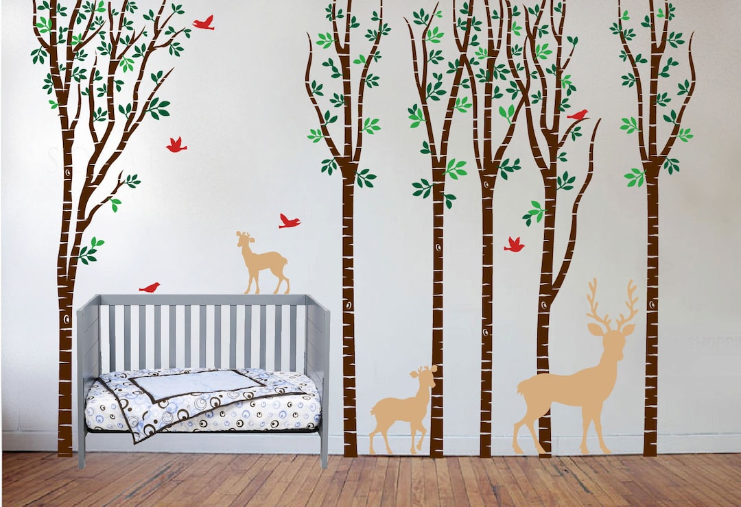 Birch Tree Wall Decal Forest With Birds, Baby Deer Vinyl Sticker ...