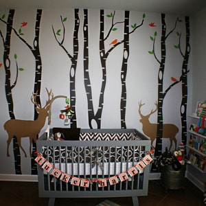 Nursery Birch Tree Wall Decal Forest With Snow Birds and Deer Vinyl ...