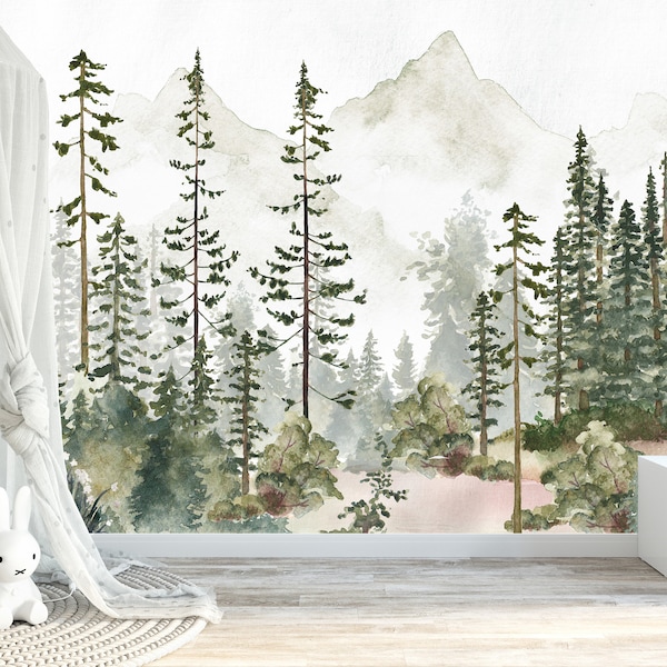 Watercolor Pine Tree Forest Mountains Peel and Stick Wallpaper Self Adhesive Nursery Décor Fabric Woodland Decal - Custom Sizes Mural #3195