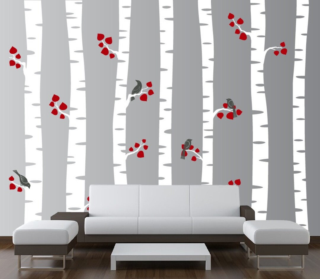 Large Birch Tree Wall Decal Forest Nursery Vinyl Sticker With Birds and ...